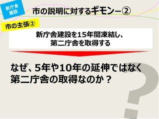 新庁舎建設を15年間凍結し、 
第二庁舎を取得する 
なぜ、5年や10年の延伸ではなく 
第二庁舎の取得なのか？ 
市の説明に対するギモンー②  