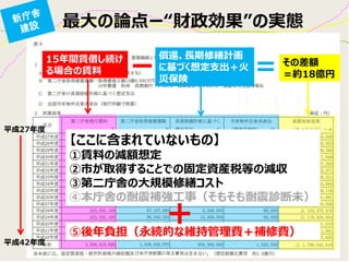 最大の論点ー“財政効果”の実態 
15年間賃借し続け る場合の賃料 
償還、長期修繕計画 に基づく想定支出＋火 災保険 
その差額 
＝約18億円 
ー 
＝ 
平成27年度 
平成42年度 
【ここに含まれていないもの】 
①賃料の減額想定 
②市が取得することでの固定資産税等の減収 
③第二庁舎の大規模修繕コスト 
④本庁舎の耐震補強工事（そもそも耐震診断未） 
⑤後年負担（永続的な維持管理費＋補修費） 
＋  