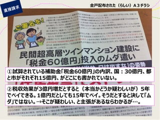 全戸配布された（らしい）A３チラシ 
①試算されている補助金「税金60億円」の内訳、国：30億円、都 と市がそれぞれ15億円、がどこにも書かれていない。 
②税収効果が3億円増だとすると（本当かどうか疑わしいが）5年 でペイできる。1億円だとしても15年でペイ。そうだとすると決して「ム ダ」ではない。→そこが疑わしい、と主張があるならわかるが…。  