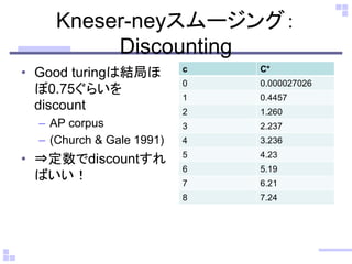 Kneser-neyスムージング： Discounting 
•Good turingは結局ほ ぼ0.75ぐらいを discount 
–AP corpus 
–(Church & Gale 1991) 
•⇒定数でdiscountすれ ばいい！ 
c 
C* 
0 
0.000027026 
1 
0.4457 
2 
1.260 
3 
2.237 
4 
3.236 
5 
4.23 
6 
5.19 
7 
6.21 
8 
7.24  