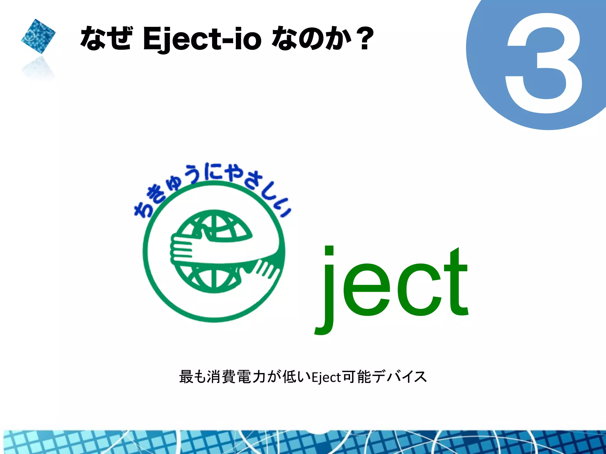 なぜ Eject-io なのか？ 
ject 
３ 
最も消費電力が低いEject可能デバイス 
 