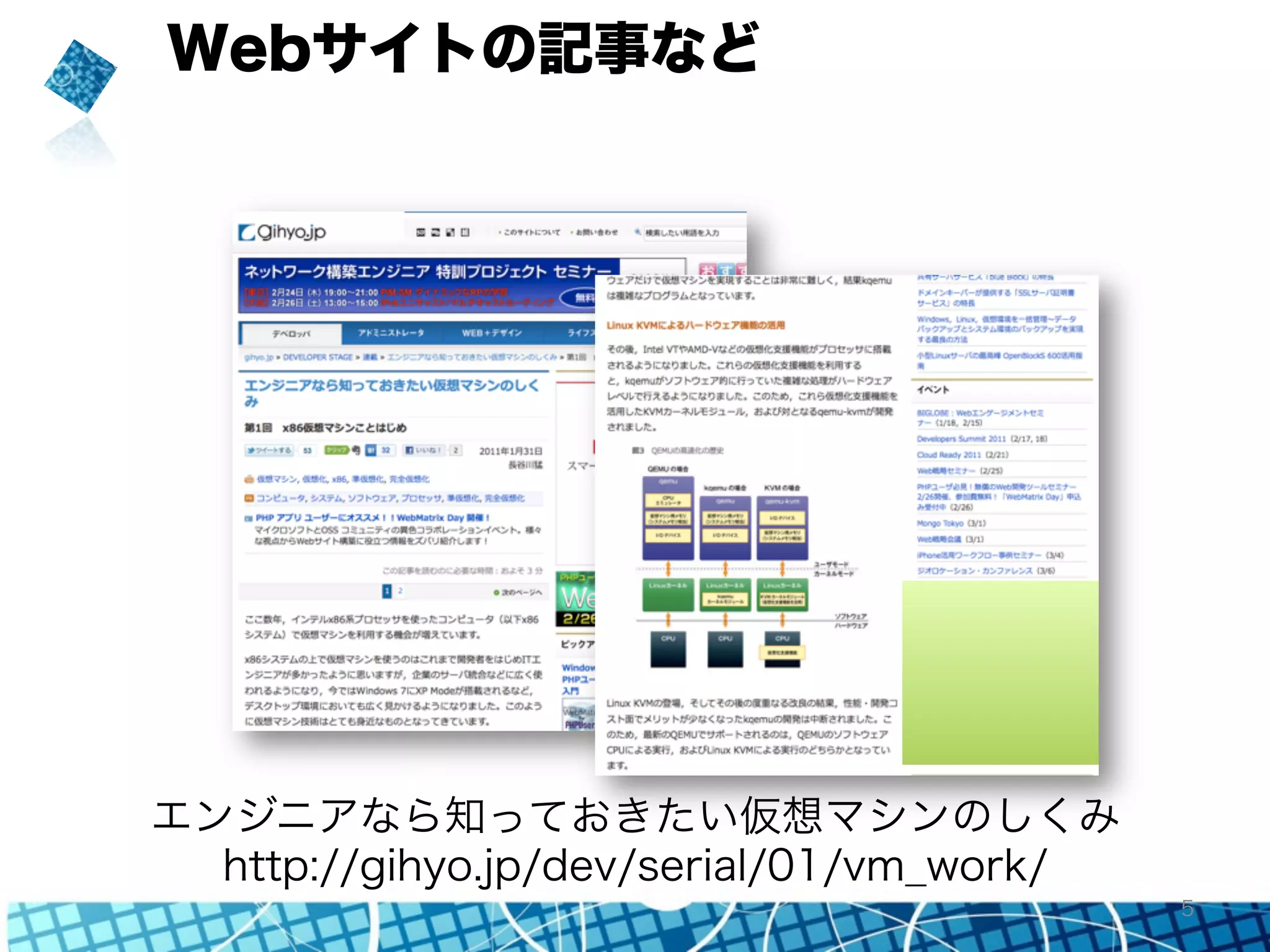Webサイトの記事など 
エンジニアなら知っておきたい仮想マシンのしくみ 
http://gihyo.jp/dev/serial/01/vm_work/ 
5 
 