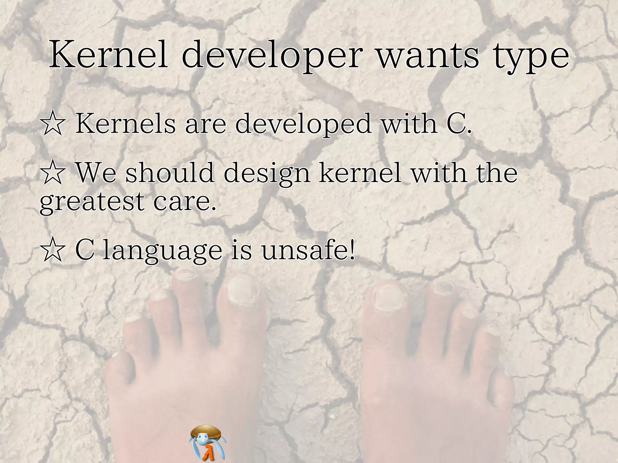 Kernel developer wants type 
☆ Kernels are developed with C. 
☆ We should design kernel with the 
greatest care. 
☆ C language is unsafe! 
 