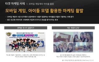 모바일 게임, 아이돌 모델 활용한 마케팅 활발
• 모바일 게임이 시장 내 주류로 성장하면서 10들이 열광하는 아이돌을 모델로 기용하는 사례 증가
• 밝고 친근한 이미지로 10대에게 가깝게 다가가고 관심을 증가시키는 효과
출처: 모바일 게임계에 부는 홍보모델 경쟁, ZDNet Korea (14.5.27)
엑소를 모델로 기용하면서, 12명의 엑소 교복 캐릭터를 선보이는 등
엑소와 관련된 다양한 이벤트를 진행
걸스데이를 활용한 폭 넓은 마케팅을 진행하고
게임 속에서 모델의 모습을 그대로 접할 수 있도록 업데이트
타겟 마케팅 사례 1. 모바일 게임계의 아이돌 활용
넷마블 ‘몬스터 길들이기’ 넥슨 ‘영웅의 군단’
 