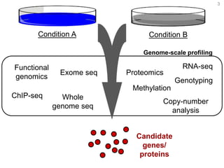 3 
Condition A Condition B 
Genome-scale profiling 
Candidate 
genes/ 
proteins 
RNA-seq 
Exome seq 
Whole 
genome seq 
Pr...