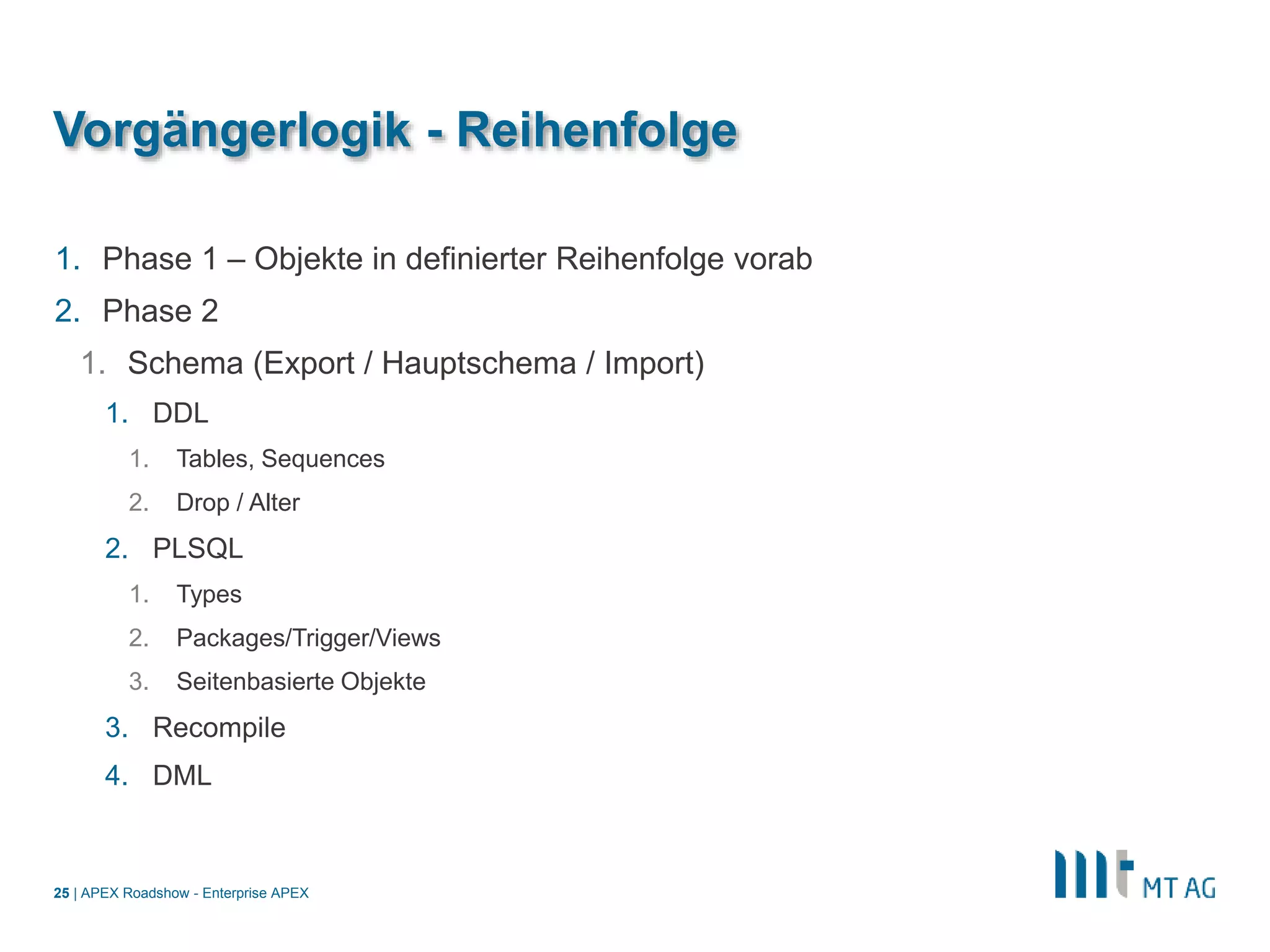 |
Vorgängerlogik - Reihenfolge
1. Phase 1 – Objekte in definierter Reihenfolge vorab
2. Phase 2
1. Schema (Export / Hauptschema / Import)
1. DDL
1. Tables, Sequences
2. Drop / Alter
2. PLSQL
1. Types
2. Packages/Trigger/Views
3. Seitenbasierte Objekte
3. Recompile
4. DML
APEX Roadshow - Enterprise APEX25
 