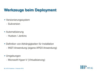 |
Werkzeuge beim Deployment
 Versionierungssystem
- Subversion
 Automatisierung
- Hudson / Jenkins
 Definition von Abhängigkeiten für Installation
- INST-Anwendung (eigene APEX Anwendung)
 Umgebungen
- Microsoft Hyper-V (Virtualisierung)
APEX Roadshow - Enterprise APEX23
 
