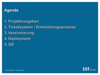 ||
Agenda
APEX Roadshow - Enterprise APEX
1. Projektvorgaben
2. Ticketsystem / Entwicklungsprozess
3. Versionierung
4. Deployment
5. QS
4
 