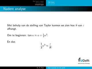 Een paar vragen
Antwoorden
Uitwerkingen
Het touw
De tunnel
Nadere analyse
Met behulp van de stelling van Taylor kunnen we zien hoe h van ε
afhangt.
Om te beginnen: tan α ≈ α + 1
3α3.
En dus
1
3
α3
≈
ε
R
K. P. Hart Een touwtje om de aarde
 