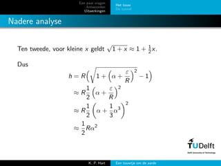 Een paar vragen
Antwoorden
Uitwerkingen
Het touw
De tunnel
Nadere analyse
Ten tweede, voor kleine x geldt
√
1 + x ≈ 1 + 1
2x.
Dus
h = R 1 + α +
ε
R
2
− 1
≈ R
1
2
α +
ε
R
2
≈ R
1
2
α +
1
3
α3
2
≈
1
2
Rα2
K. P. Hart Een touwtje om de aarde
 