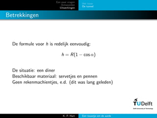 Een paar vragen
Antwoorden
Uitwerkingen
Het touw
De tunnel
Betrekkingen
De formule voor h is redelijk eenvoudig:
h = R(1 − cos α)
De situatie: een diner
Beschikbaar materiaal: servetjes en pennen
Geen rekenmachientjes, e.d. (dit was lang geleden)
K. P. Hart Een touwtje om de aarde
 