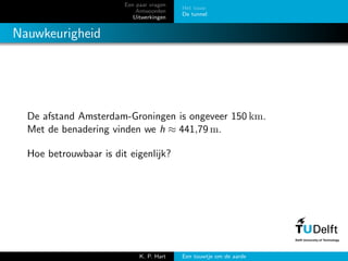 Een paar vragen
Antwoorden
Uitwerkingen
Het touw
De tunnel
Nauwkeurigheid
De afstand Amsterdam-Groningen is ongeveer 150 km.
Met de benadering vinden we h ≈ 441,79 m.
Hoe betrouwbaar is dit eigenlijk?
K. P. Hart Een touwtje om de aarde
 