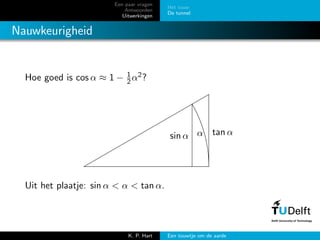 Een paar vragen
Antwoorden
Uitwerkingen
Het touw
De tunnel
Nauwkeurigheid
Hoe goed is cos α ≈ 1 − 1
2α2?
sin α α tan α
Uit het plaatje: sin α < α < tan α.
K. P. Hart Een touwtje om de aarde
 