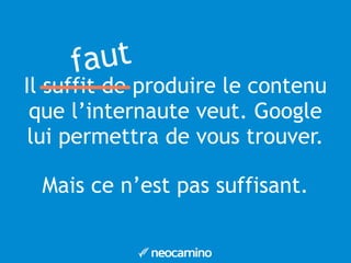 faut 
Il suffit de produire le contenu 
que l’internaute veut. Google 
lui permettra de vous trouver. 
Mais ce n’est pas suffisant. 
 