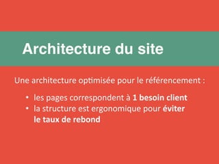 Architecture du site 
Une architecture opƟmisée pour le référencement : 
• les pages correspondent à 1 besoin client 
• la structure est ergonomique pour éviter 
le taux de rebond 
 