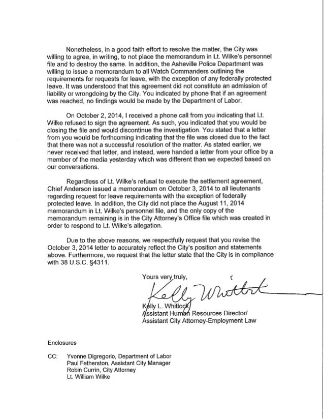 Asheville City Attorney's letter to the Dept. of Labor