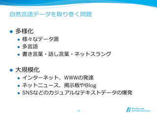 ⾃自然⾔言語データを取り巻く問題 
l 多様化 
l 様々なデータ源 
l 多⾔言語 
l 書き⾔言葉葉・話し⾔言葉葉・ネットスラング 
l ⼤大規模化 
l インターネット、WWWの発達 
l ネットニュース、掲⽰示板やBlog 
l SNSなどのカジュアルなテキストデータの爆発 
10 
 