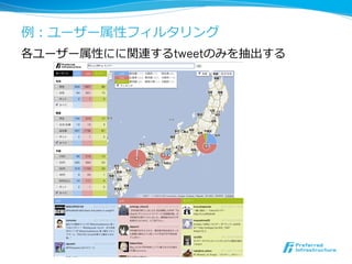 例例：ユーザー属性フィルタリング 
各ユーザー属性にに関連するtweetのみを抽出する 
26 
 