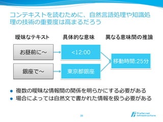 コンテキストを読むために、⾃自然⾔言語処理理や知識識処 
理理の技術の重要度度は⾼高まるだろう 
曖昧なテキスト 
具体的な意味 
異なる意味間の推論 
お昼前に〜～12:00 
銀座で〜～東京都銀座 
l 複数の曖昧な情報間の関係を明らかにする必要がある 
l 場合によっては⾃自然⽂文で書かれた情報を扱う必要がある 
39 
移動時間:25分 
 