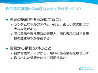 ⾃自然⾔言語処理理の⽅方向性は⼤大きく分けると2つ？ 
l ⾔言葉葉の構造を明らかにすること 
l ランダムなアルファベット列列と、正しい⽂文の間には 
⼤大きな壁がある 
l 同じ意味を表す複数の表現と、同じ表現に対する複 
数の意味解釈が存在する 
l ⾔言葉葉から情報を得ること 
l ⾃自然⾔言語のデータから、意味のある情報を取り出す 
l 取り出した情報をいかに活⽤用するか 
6 
 