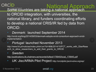 National Approach 
Some countries are taking a national approach 
to ORCID integration, with universities, the 
national library, and funders coordinating efforts 
to develop a national CRIS/IR fed by data from 
ORCID: 
• Denmark: launched September 2014 
http://orcid.org/blog/2014/09/03/denmark-adopts-orcid-consortium-approach-orcid-implementation 
• Portugal: launched November 2013 
http://www.fct.pt/noticias/index.phtml.en?id=96&/2014/10/FCT_works_with_ÜberRese 
arch_to_allow_researchers_to_add_their_grants_to_ORCID 
• Sweden 
http://publications.lib.chalmers.se/records/fulltext/178945/local_178945.pdf 
• UK: Jisc/ARMA Pilot Project http://orcidpilot.jiscinvolve.org/wp/ 
5 November 2014 orcid.org 23 
 