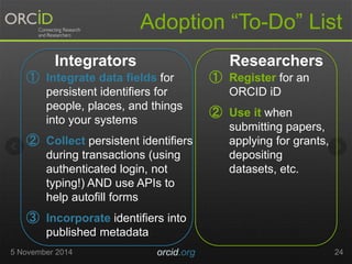 Adoption “To-Do” List 
Integrators Researchers 
① Integrate data fields for 
persistent identifiers for 
people, places, and things 
into your systems 
② Collect persistent identifiers 
during transactions (using 
authenticated login, not 
typing!) AND use APIs to 
help autofill forms 
③ Incorporate identifiers into 
published metadata 
① Register for an 
ORCID iD 
② Use it when 
submitting papers, 
applying for grants, 
depositing 
datasets, etc. 
5 November 2014 orcid.org 24 
 