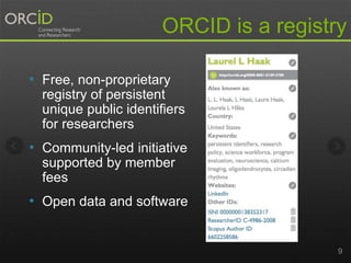 ORCID is a registry 
9 
• Free, non-proprietary 
registry of persistent 
unique public identifiers 
for researchers 
• Community-led initiative 
supported by member 
fees 
• Open data and software 
 