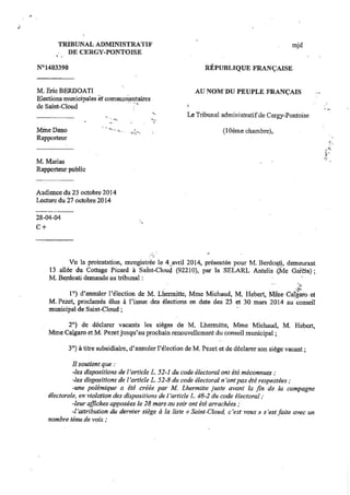 Jugement du Tribunal Administratif concernant la liste Saint-Cloud C'est Vous et Aymeric Lhermitte. Octobre 2014. 