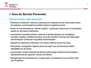 9 
Pressupostos 2015 
6 Àrea de Serveis Personals 
Serveis socials, salut, gent gran 
• Prioritzar la detecció i atenció a persones en situació de risc d’exclusió social i 
de pobresa, incrementant la partida d’ajuts d’urgència social. 
• Posar en funcionament el “rebost solidari”: productes frescos per a les famílies 
ateses en els bancs d’aliments. 
• Incrementar la partida d’ajuts ordinaris a famílies (beques de menjadors 
escolars, esplais, sortides escolars, etc.) per d’evitar l’exclusió per dificultats 
econòmiques i potenciar la igualtat d’oportunitats. 
• Garantir la cobertura d’aliments a la nostra infància durant tot l’any. 
• Consolidar el programa “Agents joves de salut“ per promocionar hàbits 
saludables en els joves. 
• Incrementar l’import destinat als Serveis Municipals d’Atenció Domiciliària i 
Teleassistència per garantir l’accés de tothom. 
• Reorganitzar les activitats per a la gent gran, incorporant el nou Centre Cívic 
Les Tovalloles. 
 
