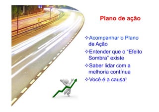 Plano de ação 
² Acompanhar o Plano 
de Ação 
² Entender que o “Efeito 
Sombra” existe 
² Saber lidar com a 
melhoria contínua 
² Você é a causa! 
 