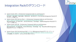 Integration Packのダウンロード 
 System Center 2012 – Orchestrator Component Add-ons and Extensions 
http://www.microsoft.com/en-us/download/details.aspx?id=28725 
CM 2007、OM 2007、VMM 2008、DPM 2010、SM 2010そしてSC 2012用のIntegration Packsをダ 
ウンロード可能です。 
 System Center 2012 Service Pack 1 – Orchestrator Component Add-ons and Extensions 
http://www.microsoft.com/en-us/download/details.aspx?id=34611 
Microsoft Azure、SC 2012 SP1、Active Directory、Exchange、ftp用のIntegration Packsをダウ 
ンロード可能です。 
 System Center 2012 R2 – Orchestrator Component Add-ons and Extensions 
http://www.microsoft.com/en-us/download/details.aspx?id=39622 
Microsoft Azure、SC 2012 R2、Active Directory、Exchange、ftp、SharePoint用のIntegration 
Packsをダウンロード可能です。 
 System Center 2012 Orchestratorの各バージョン用Integration Packsダウンロードページ 
http://sashiz.wordpress.com/2014/09/09/sc2012orchestrator-versions-ip-downloads/ 
にも記載しているので、よろしければご覧ください。 
2014/10/25 7 
 