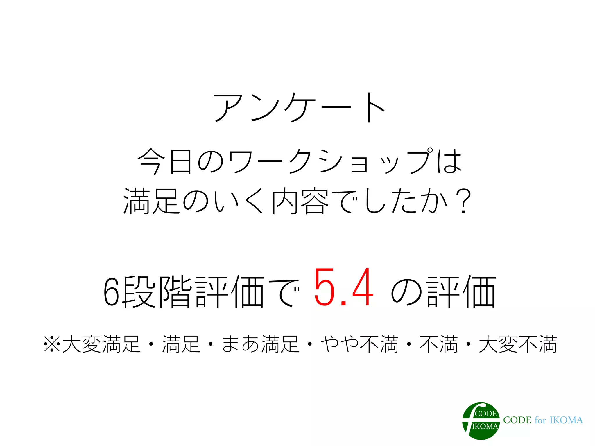 アンケート 
今日のワークショップは 
満足のいく内容でしたか？ 
6段階評価で 5.4 の評価 
※大変満足・満足・まあ満足・やや不満・不満・大変不満 
 