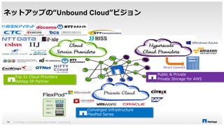 ネットアップの“Unbound Cloud”ビジョン 
© 2014 NetApp, Inc. All rights reserved. NetApp 14 Proprietary – Limited Use Only 
Direct Connect 
Top 21 Cloud Providers 
NetApp SP Partner 
Public & Private 
Private Storage for AWS 
Converged Infrastructure 
FlexPod Series 
 