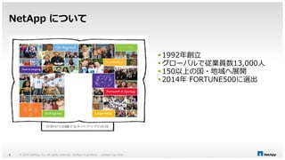 NetApp について 
© 2014 NetApp, Inc. All rights reserved. Net 3 App Proprietary – Limited Use Only 
1992年創立 
 グローバルで従業員数13,000人 
150以上の国・地域へ展開 
2014年FORTUNE500に選出 
 