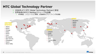 MTC Global Technology Partner 
UNITED 
STATES 
• Atlanta 
• Boston 
• Chicago 
• Dallas 
• Detroit 
• Irvine 
• Minneapolis 
• New York City 
• Philadelphia 
• Reston 
• Silicon Valley 
© 2014 NetApp, Inc. All rights reserved. NetApp 49 Proprietary – Limited Use Only 
EMEA 
• Cologne 
• Dublin 
• Moscow 
• Munich 
• Paris 
• Thames Valley 
(UK) 
APAC 
• Bangalore 
• Beijing 
• Dubai 
• Taipei 
• Tokyo 
 2006年よりMTC Global Technology Partnerに参加 
 世界各地のMTCにNetAppストレージを設置 
 共同検証、ソリューション開発、お客様向けブリーフィングを実施 
 