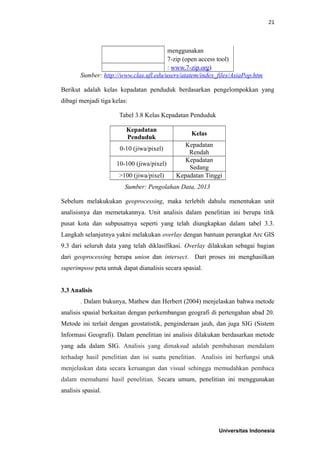 21
menggunakan
7-zip (open access tool)
: www.7-zip.org)
Sumber: http://www.clas.ufl.edu/users/atatem/index_files/AsiaPop.htm
Berikut adalah kelas kepadatan penduduk berdasarkan pengelompokkan yang
dibagi menjadi tiga kelas:
Tabel 3.8 Kelas Kepadatan Penduduk
Kepadatan
Penduduk
Kelas
0-10 (jiwa/pixel)
Kepadatan
Rendah
10-100 (jiwa/pixel)
Kepadatan
Sedang
>100 (jiwa/pixel) Kepadatan Tinggi
Sumber: Pengolahan Data, 2013
Sebelum melakukukan geoprocessing, maka terlebih dahulu menentukan unit
analisisnya dan memetakannya. Unit analisis dalam penelitian ini berupa titik
pusat kota dan subpusatnya seperti yang telah diungkapkan dalam tabel 3.3.
Langkah selanjutnya yakni melakukan overlay dengan bantuan perangkat Arc GIS
9.3 dari seluruh data yang telah diklasifikasi. Overlay dilakukan sebagai bagian
dari geoprocessing berupa union dan intersect. Dari proses ini menghasilkan
superimpose peta untuk dapat dianalisis secara spasial.
3.3 Analisis
. Dalam bukunya, Mathew dan Herbert (2004) menjelaskan bahwa metode
analisis spasial berkaitan dengan perkembangan geografi di pertengahan abad 20.
Metode ini terlait dengan geostatistik, penginderaan jauh, dan juga SIG (Sistem
Informasi Geografi). Dalam penelitian ini analisis dilakukan berdasarkan metode
yang ada dalam SIG. Analisis yang dimaksud adalah pembahasan mendalam
terhadap hasil penelitian dan isi suatu penelitian. Analisis ini berfungsi utuk
menjelaskan data secara keruangan dan visual sehingga memudahkan pembaca
dalam memahami hasil penelitian. Secara umum, penelitian ini menggunakan
analisis spasial.
Universitas Indonesia
 
