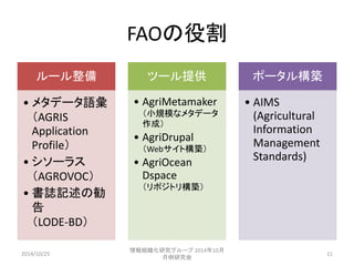 FAOの役割 
ルール整備 
• メタデータ語彙 
（AGRIS 
Application 
Profile） 
• シソーラス 
（AGROVOC） 
• 書誌記述の勧 
告 
（LODE-BD） 
ツール提供 
• AgriMetamake...