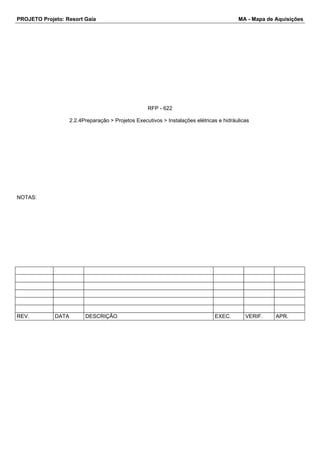 PROJETO Projeto: Resort Gaia MA - Mapa de Aquisições 
RFP - 622 
2.2.4Preparação > Projetos Executivos > Instalações elétricas e hidráulicas 
NOTAS: 
REV. DATA DESCRIÇÃO EXEC. VERIF. APR. 
 
