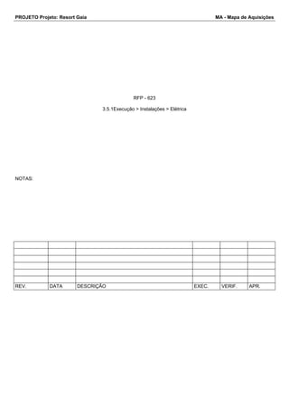PROJETO Projeto: Resort Gaia MA - Mapa de Aquisições 
RFP - 623 
3.5.1Execução > Instalações > Elétrica 
NOTAS: 
REV. DATA DESCRIÇÃO EXEC. VERIF. APR. 
 