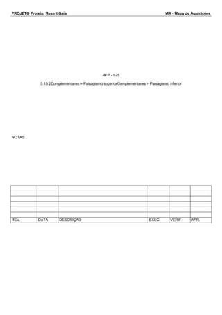 PROJETO Projeto: Resort Gaia MA - Mapa de Aquisições 
RFP - 625 
5.15.2Complementares > Paisagismo superiorComplementares > Paisagismo inferior 
NOTAS: 
REV. DATA DESCRIÇÃO EXEC. VERIF. APR. 
 