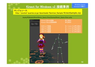 㻷㼕㼚㼑㼏㼠㻌㼒㼛㼞㻌㼃㼕㼚㼐㼛㼣㼟㻌㼢㻞㻌᥋⥆஦౛ 
䝃䞁䝥䝹䝋䞊䝇䠖 
䚷㼔㼠㼠㼜㻦㻛㻛㼜㼛㼏㼗㼑㼠㻙㼝㼡㼑㼞㼕㼑㼟㻚㼏㼛㻚㼖㼜㻛㼐㼛㼣㼚㼘㼛㼍㼐㼟㻛㻿㼑㼙㼕㼚㼍㼞㼋㻿㼍㼙㼜㼘㼑㻛KinectSample.zip 
䞉㻷㼕㼚㼑㼏㼠䛷㻮㼛㼐㼥ㄆ㆑  䠖 ኌ䐟෌⏕ 
䞉㻷㼕㼚㼑㼏㼠䛷㻮㼛㼐㼥ㄆ㆑ゎ㝖 䠖 ኌ䐠෌⏕ 
 
䞉ྑᡭୖ䛢ㄆ㆑   䠖 䝰䞊䝅䝵䞁䐟䛸ኌ䐡෌⏕ 
䞉ᕥᡭୖ䛢ㄆ㆑   䠖 䝰䞊䝅䝵䞁䐠䛸ኌ䐢෌⏕ 
䞉୧ᡭୖ䛢ㄆ㆑   䠖 䝰䞊䝅䝵䞁䐡䛸ኌ䐣෌⏕ 
䞉୧ᡭୗ䛢ㄆ㆑   䠖 䝰䞊䝅䝵䞁䐢䛸ኌ䐤෌⏕ 
㻡㻥 
Assets/PQAssets/KinectDemo_Query-­‐Chan/Scenes/Kinect_Query-­‐Chan.unity 
Windows 
Device 
GameJam䛷ᒎ♧䟿 
 