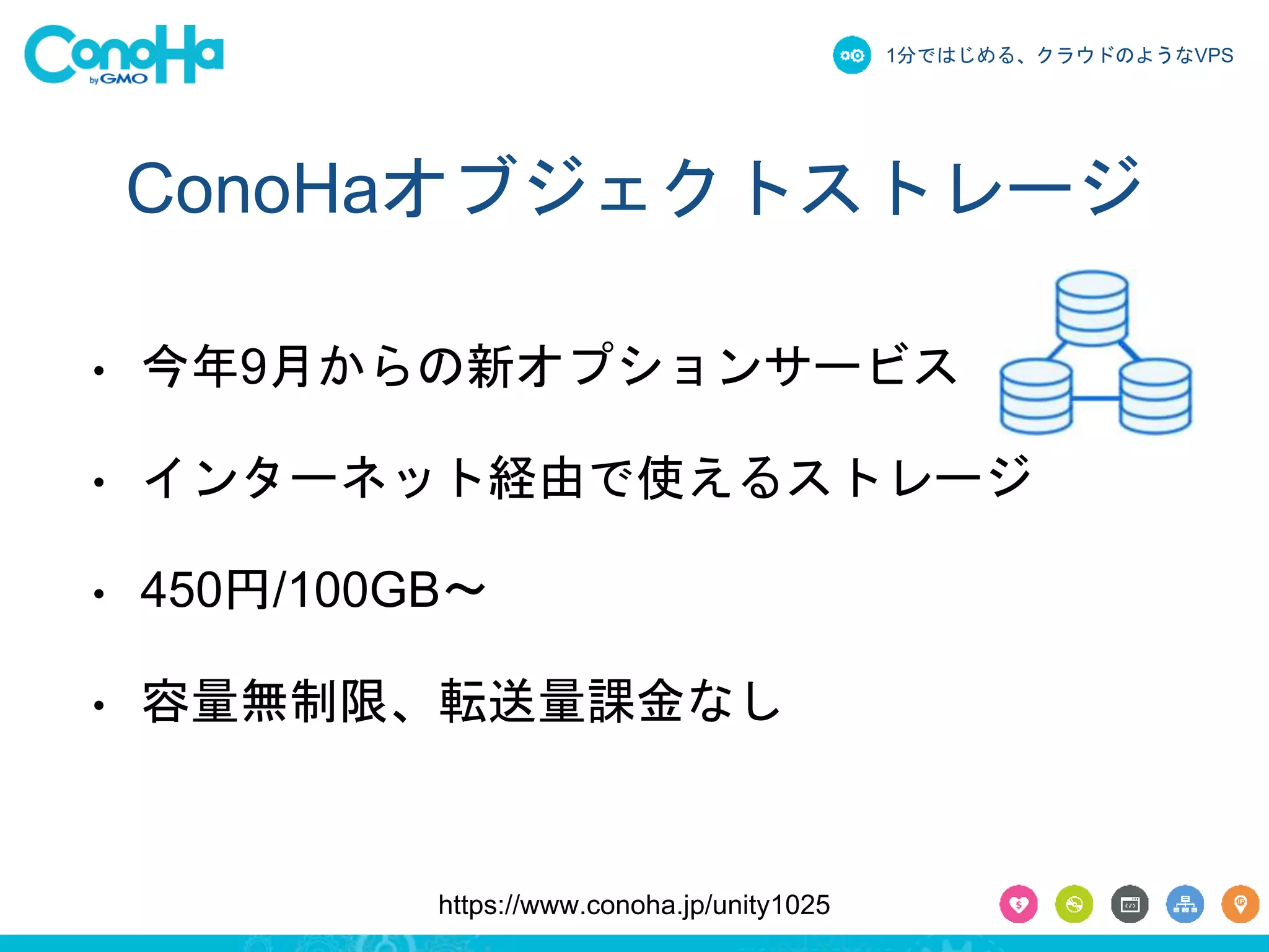 1分ではじめる、クラウドのようなVPS 
ConoHaオブジェクトストレージ 
• 今年9月からの新オプションサービス 
• インターネット経由で使えるストレージ 
• 450円/100GB〜 
• 容量無制限、転送量課金なし 
https://www.conoha.jp/unity1025 
 