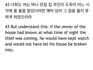 43 너희도 아는 바니 만일 집 주인이 도둑이 어느 시 
각에 올 줄을 알았더라면 깨어 있어 그 집을 뚫지 못 
하게 하였으리라 
43 But understand this: If the owner of the 
house had known at what time of night the 
thief was coming, he would have kept watch 
and would not have let his house be broken 
into. 
 