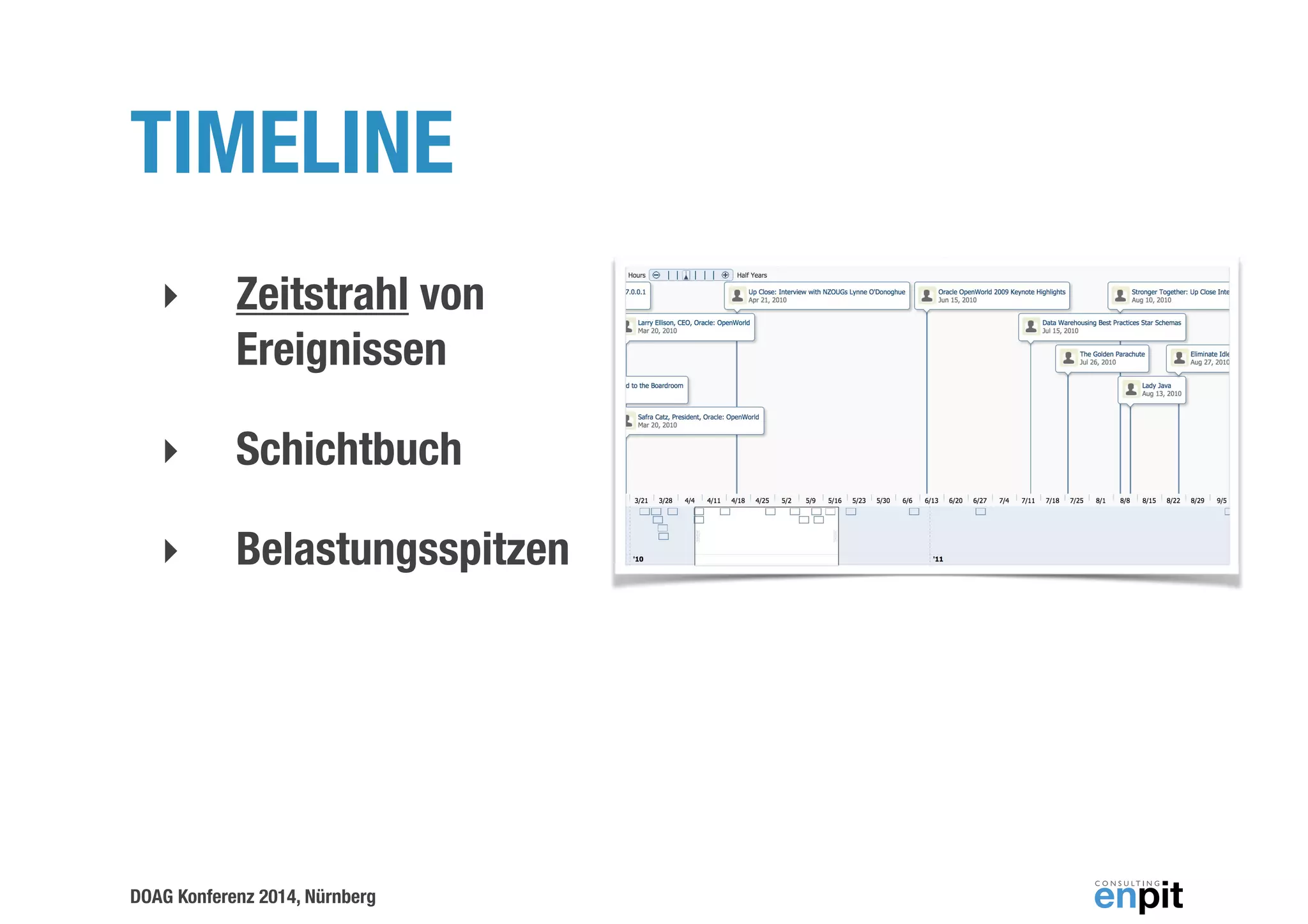 TIMELINE 
‣ Zeitstrahl von 
Ereignissen 
‣ Schichtbuch 
‣ Belastungsspitzen 
DOAG Konferenz 2014, Nürnberg 
 