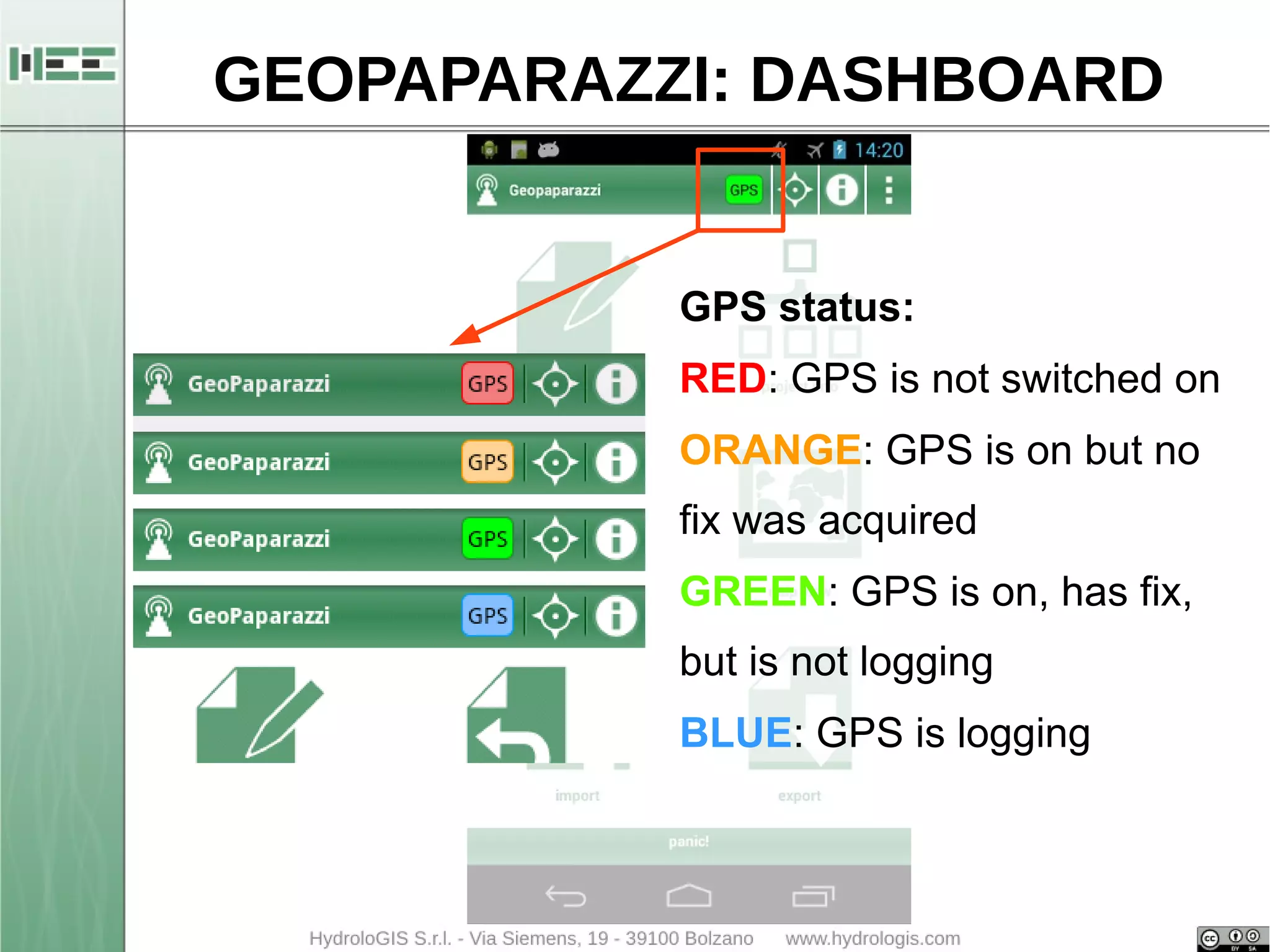GEOPAPARAZZI: DASHBOARD 
GPS status: 
RED: GPS is not switched on 
ORANGE: GPS is on but no 
fix was acquired 
GREEN: GPS is on, has fix, 
but is not logging 
BLUE: GPS is logging 
 