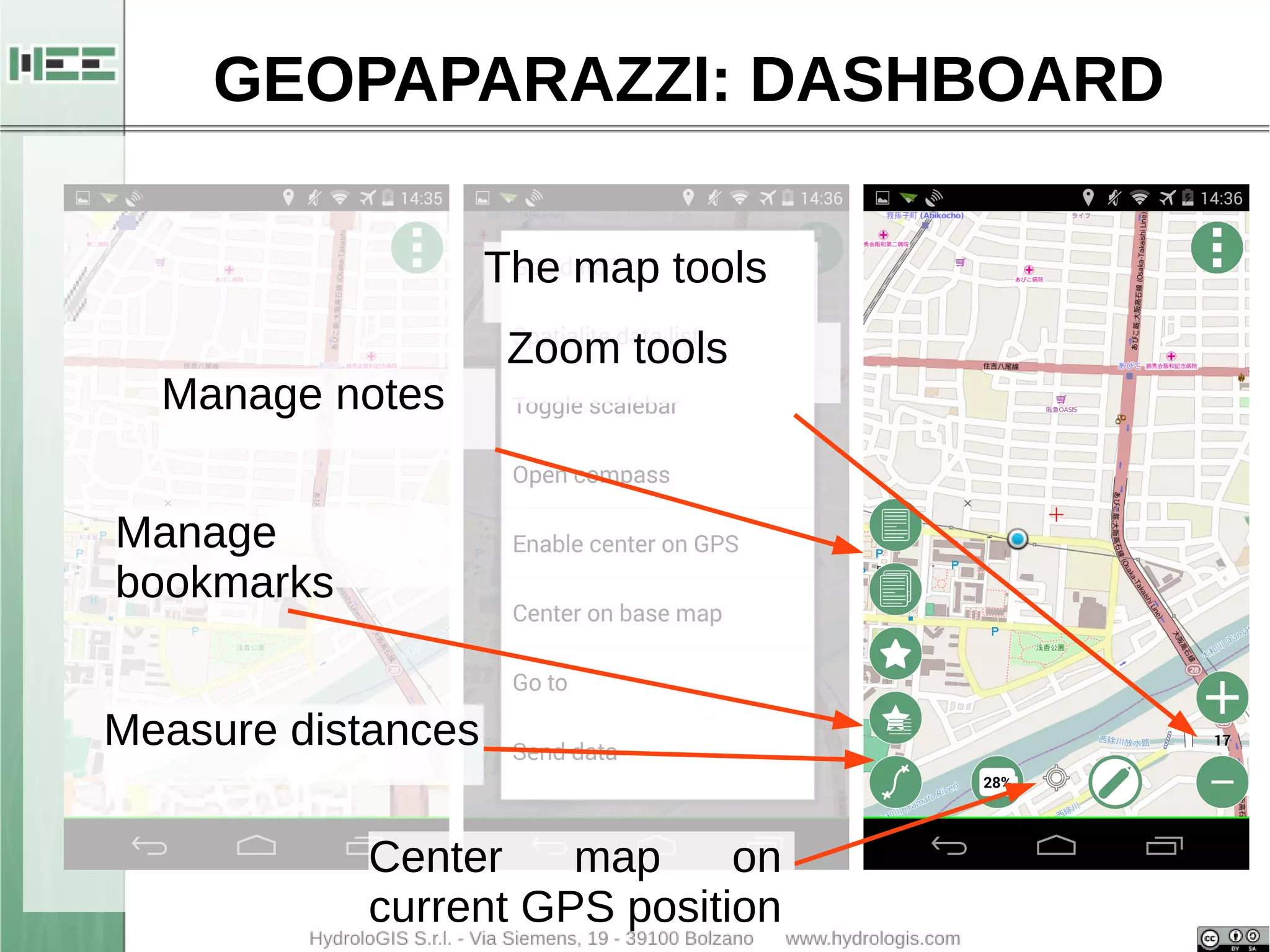 GEOPAPARAZZI: DASHBOARD 
The map tools 
Manage notes 
Center map on 
current GPS position 
Manage 
bookmarks 
Zoom tools 
Measure distances 
 