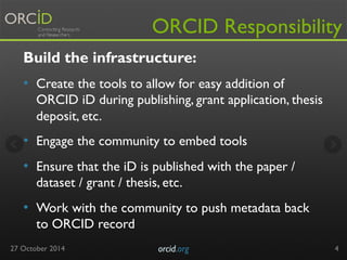 ORCID Responsibility 
Build the infrastructure: 
• Create the tools to allow for easy addition of 
ORCID iD during publishing, grant application, thesis 
deposit, etc. 
• Engage the community to embed tools 
• Ensure that the iD is published with the paper / 
dataset / grant / thesis, etc. 
• Work with the community to push metadata back 
to ORCID record 
27 October 2014 orcid.org 
4 
 