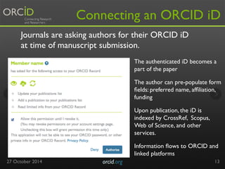 Connecting an ORCID iD 
27 October 2014 orcid.org 
The authenticated iD becomes a 
part of the paper 
The author can pre-p...