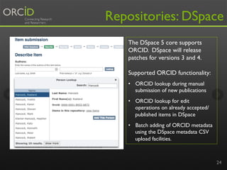 Repositories: DSpace 
24 
The DSpace 5 core supports 
ORCID. DSpace will release 
patches for versions 3 and 4. 
Supported...