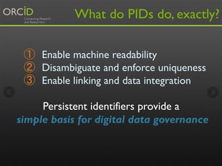 What do PIDs do, exactly? 
① Enable machine readability 
② Disambiguate and enforce uniqueness 
③ Enable linking and data ...